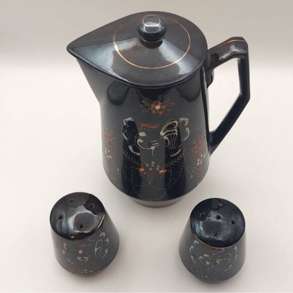 Vintage Redware Rooster Moriage 4-Piece Set 2-Shakers Coffee Pot & Lid Japan MCM - Picture 2 of 12